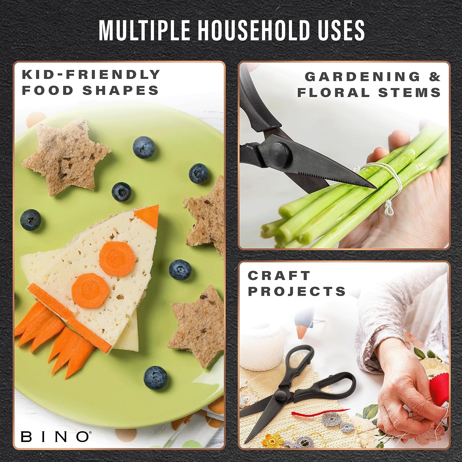 Stainless Steel Blade Kitchen Shears - Black | Strong & Sharp Kitchen Shears | Cooking Scissors | Food Shears | Vegetable Scissors | Poultry Meat & Bone Cutting Scissors | Utility Kitchen Tool