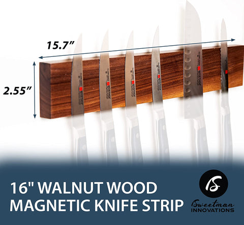 Image of Durable Magnetic Knife Holder for Wall by - 16 Inch Genuine Walnut Wood Knife Magnetic Strip with Strong Magnetic Block for Secure Storage- Kitchen Wall Magnetic Knife Bar Rack