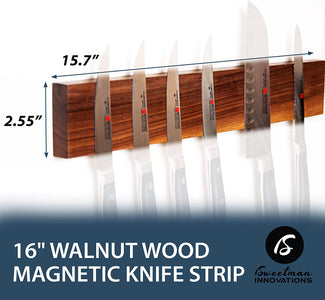 Durable Magnetic Knife Holder for Wall by - 16 Inch Genuine Walnut Wood Knife Magnetic Strip with Strong Magnetic Block for Secure Storage- Kitchen Wall Magnetic Knife Bar Rack