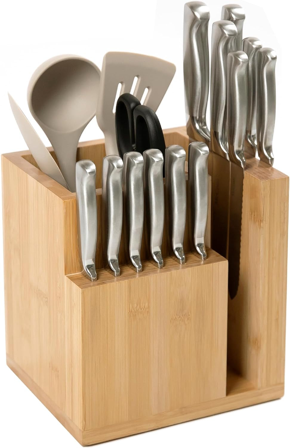 Bamboo Magnetic Knife Block and Cooking Utensil Holder, Sleek Storage for Chefs Knives, Steak Knives, Spatulas, Scissors, Non-Slip Rubber Feet, Easy to Clean, Kitchen Countertop Organizer
