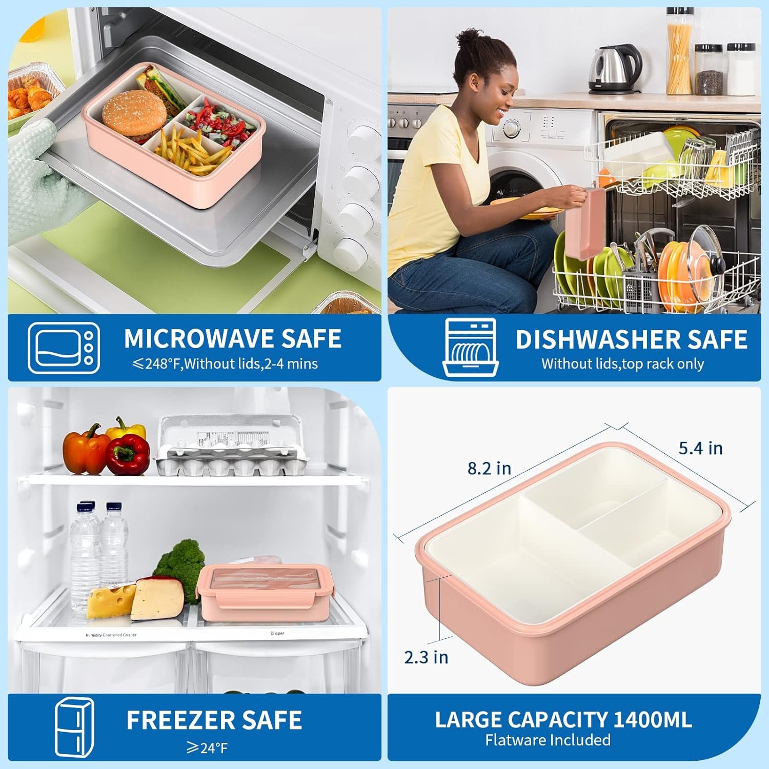 Bento Lunch Box for Kids, 1400 ML Bento Box Adult Lunch Box for Men Women with Cutlery & Salad Dressing Container to Go, Leak-Proof Meal Prep Container for Work School Travel, No BPA, Microwave Safe