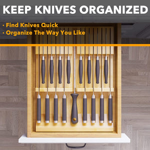 Bamboo Knife Drawer Organizer Insert, Kitchen Steak Knives Holder Organizers Block for Drawer Storage Organization (16 Knife Slots and 1 Sharpener Slot)