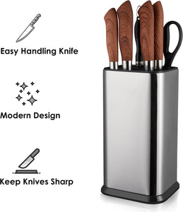 Universal Knife Block without Knives,Modern Knife Holder for Kitchen Counter,Stainless Steel Knife Organizer with Scissors Slot & Sharpening Rod,Space Saver Rectangular Blocks & Storage - (Silver)
