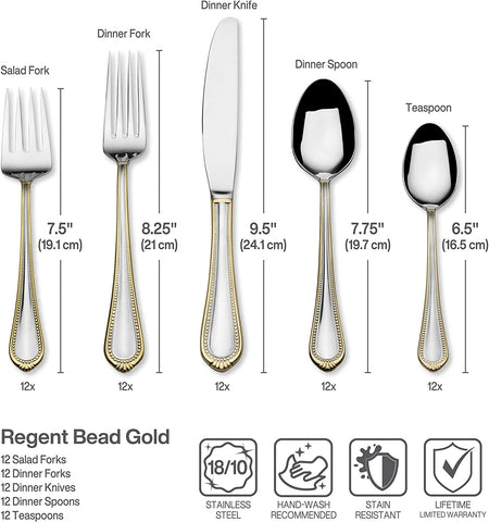 Image of Regent Bead Gold 65-Piece Stainless Steel Flatware Set, Service for 12