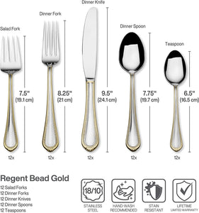 Regent Bead Gold 65-Piece Stainless Steel Flatware Set, Service for 12