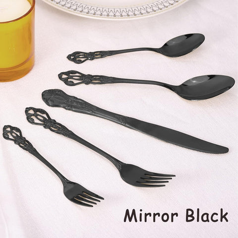 Image of Black Silverware Set for 8, Stainless Steel Gorgeous Retro Royal Flatware Set, 40-Pieces Cutlery Tableware Set, Kitchen Utensils Set Include Spoons and Forks Set, Mirror Finish, Dishwasher Safe