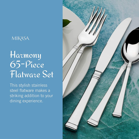 Image of 5060761 Harmony 65-Piece 18/10 Stainless Steel Flatware Set with Utensil-Serving Set, Silver