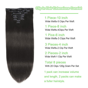 Clip in Hair Extensions Real Human Hair 120G Straight Human Hair Clip in Extensions for Black Women Remy Hair Double Weft 8Pcs with 20 Clips 16Inch Natural Black Color