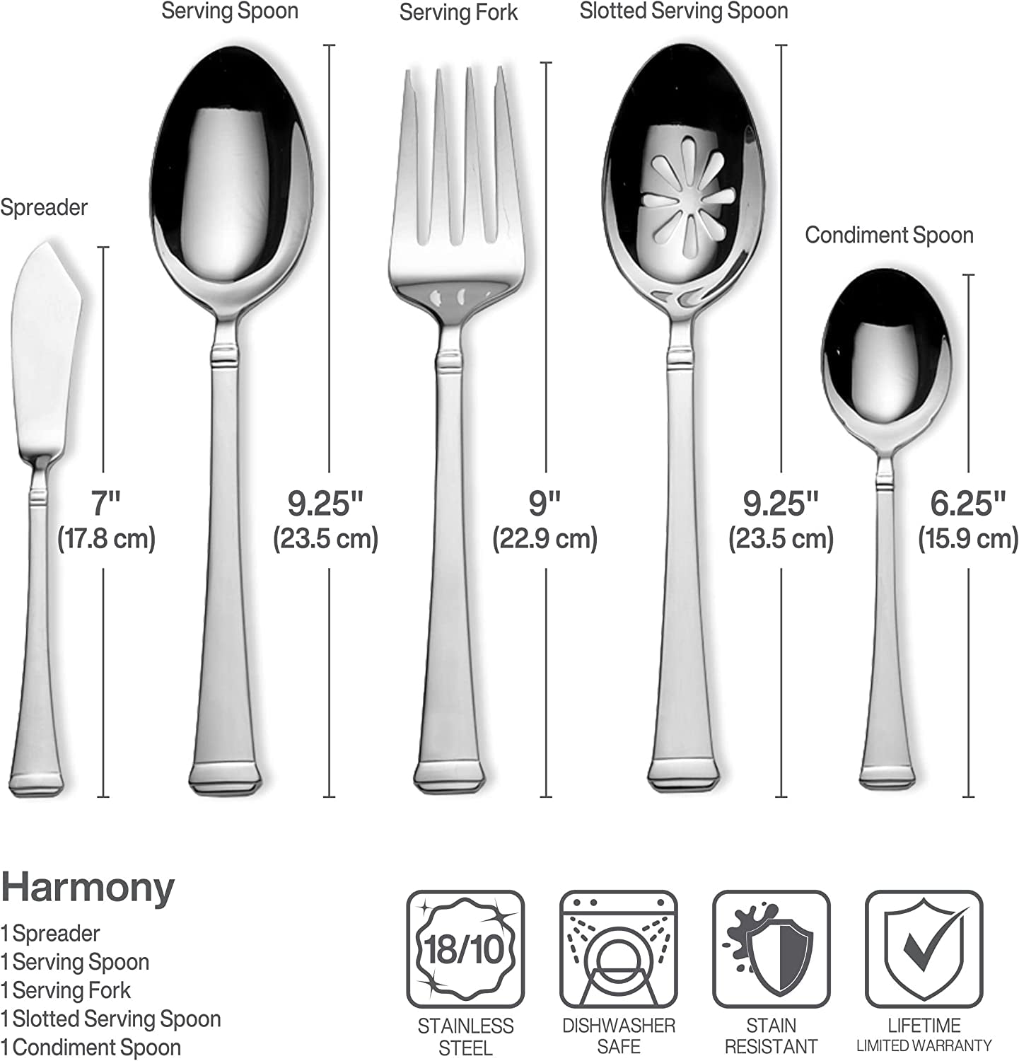 5060761 Harmony 65-Piece 18/10 Stainless Steel Flatware Set with Utensil-Serving Set, Silver