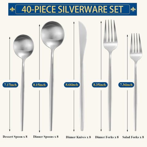 Image of Silverware Set for 8, 40 Piece Flatware Set, Cutlery Tableware Set Include Spoons and Forks Set, Stainless Steel Utensil Set, Matte Polished Finish, Dishwasher Safe