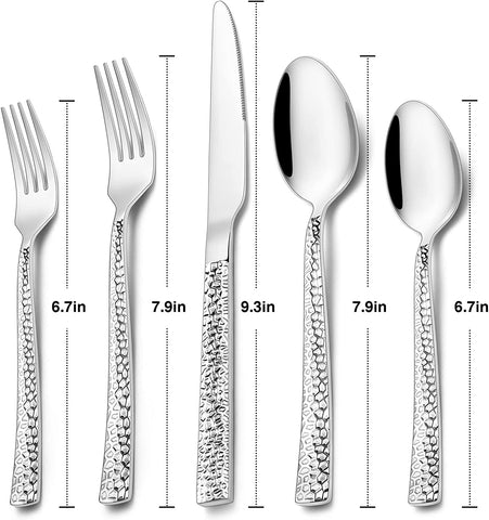 Image of 60-Piece Hammered Silverware Set, Stainless Steel Square Flatware Set for 12, Food-Grade Tableware Cutlery Set, Utensil Sets for Home Restaurant, Mirror Finish, Dishwasher Safe