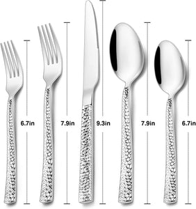 60-Piece Hammered Silverware Set, Stainless Steel Square Flatware Set for 12, Food-Grade Tableware Cutlery Set, Utensil Sets for Home Restaurant, Mirror Finish, Dishwasher Safe