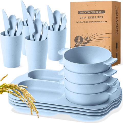 Image of 24 Pcs Wheat Straw Dinnerware Cutlery Sets, Kids Toddlers Divided Plates Unbreakable Bowl Microwave Dishwasher Safe Tableware Cutlery Spoon Knife Fork Cup (Blue)