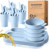 24 Pcs Wheat Straw Dinnerware Cutlery Sets, Kids Toddlers Divided Plates Unbreakable Bowl Microwave Dishwasher Safe Tableware Cutlery Spoon Knife Fork Cup (Blue)