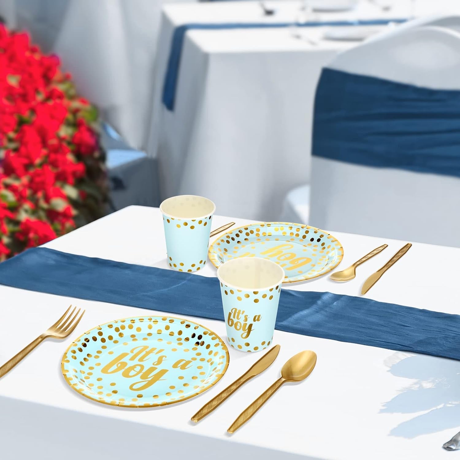 350 Pcs Baby Shower Party Supplies Golden Dot Blue Disposable Dinnerware Set for 50 Guests Boys Paper Plates Cups Napkins and Gold Plastic Forks Knives Spoons for Baby Boy Shower Party