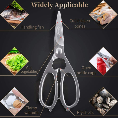 Image of Newness Multi-Purpose Kitchen Scissors, Premium Stainless Steel Solid Kitchen Shears for Can Opener, Walnut Cracker, Heavy Duty Poultry Scissors with Sharp Blade for Cutting Turkey, Chicken, Bones