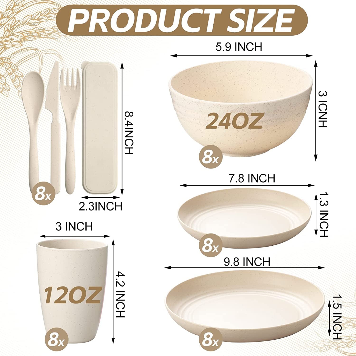 56 Pcs Wheat Straw Dinnerware Sets for 8 Reusable Plates and Bowls Set, Plastic Children Cups, Forks, Knives and Spoon Dishwasher Microwave Safe for Kitchen Camping Party Picnic Outdoor (Beige)