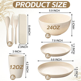 56 Pcs Wheat Straw Dinnerware Sets for 8 Reusable Plates and Bowls Set, Plastic Children Cups, Forks, Knives and Spoon Dishwasher Microwave Safe for Kitchen Camping Party Picnic Outdoor (Beige)