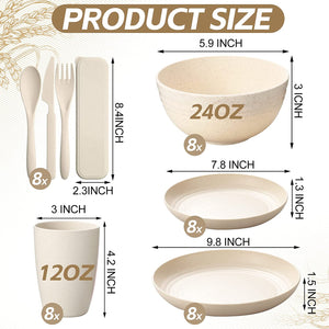 56 Pcs Wheat Straw Dinnerware Sets for 8 Reusable Plates and Bowls Set, Plastic Children Cups, Forks, Knives and Spoon Dishwasher Microwave Safe for Kitchen Camping Party Picnic Outdoor (Beige)