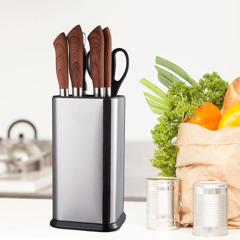 Image of Universal Knife Block without Knives,Modern Knife Holder for Kitchen Counter,Stainless Steel Knife Organizer with Scissors Slot & Sharpening Rod,Space Saver Rectangular Blocks & Storage - (Silver)