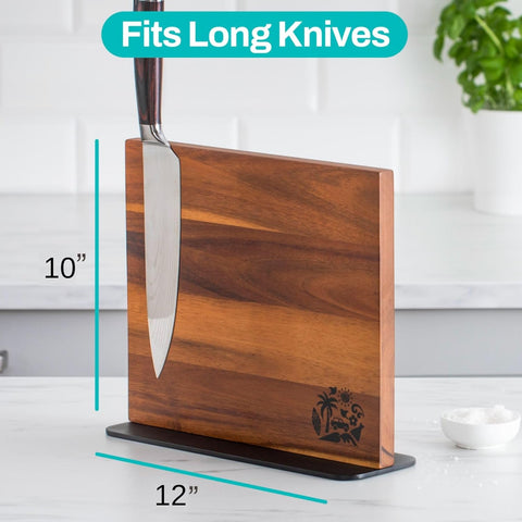 Image of Magnetic Knife Block Holder Rack - Acacia Wood Cutlery Storage for 12 Knives Double Sided Magnets & Non-Slip Base - Knives Not Included