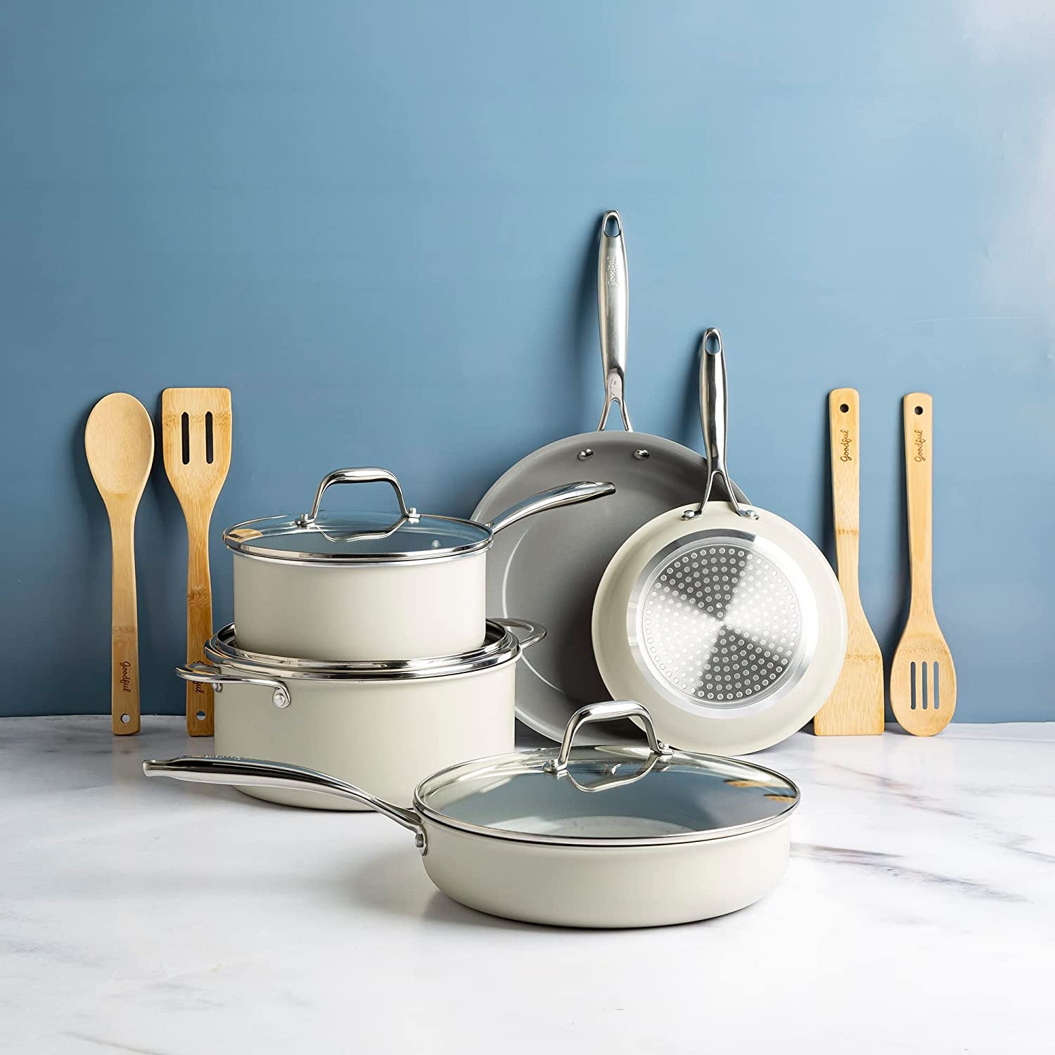 Ceramic Nonstick Pots and Pans Set, Titanium-Reinforced Premium Nonstick Coating, Dishwasher Safe Pots and Pans, Tempered Glass Steam Vented Lids, Stainless Steel Handles, 12-Piece, Cream