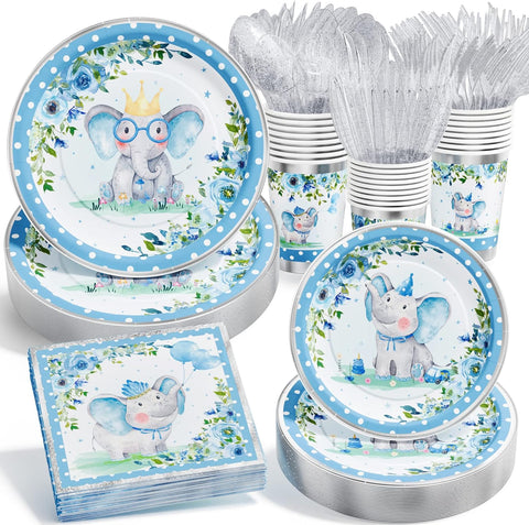 Image of Elephant Baby Shower Decorations for Boy - 175PCS Blue Elephant Party Supplies Disposable Dinnerware (25 Guest) with Paper Plates Cups Napkins Plastic Forks Knives Spoons for Baby Boy Birthday