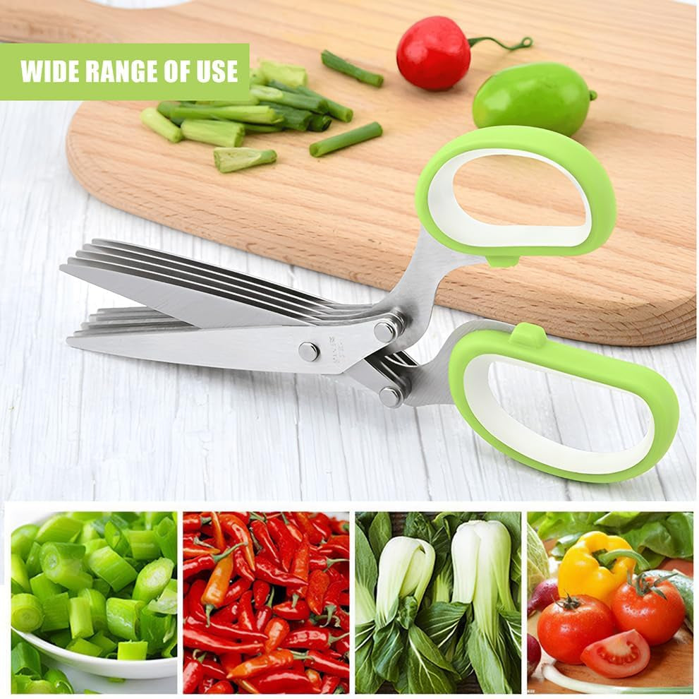 Kitchen Herb Scissors，Multipurpose Food Scissors ，5 Stainless Steel Blades and Safety Cover Kitchen Scissorsfor Chopping Chive, Vegetables, Salad,Collard Greens, Parsleyherb Shears