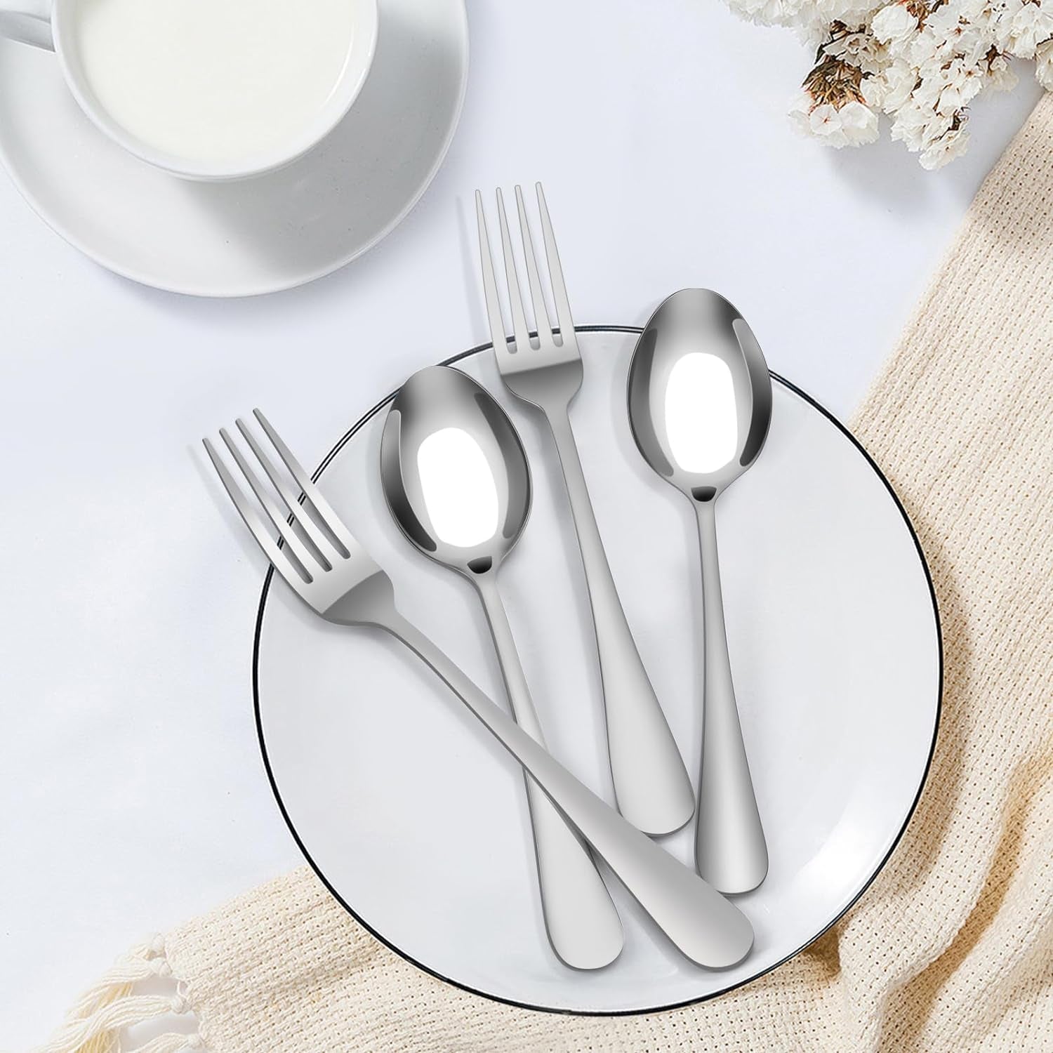 36-Piece Fork and Spoon Silverware Set, Food-Grade Stainless Steel Fork and Spoon Silverware for Camping, Kitchen, Restaurant, BBQ, Mirror Polished, Dishwasher Safe
