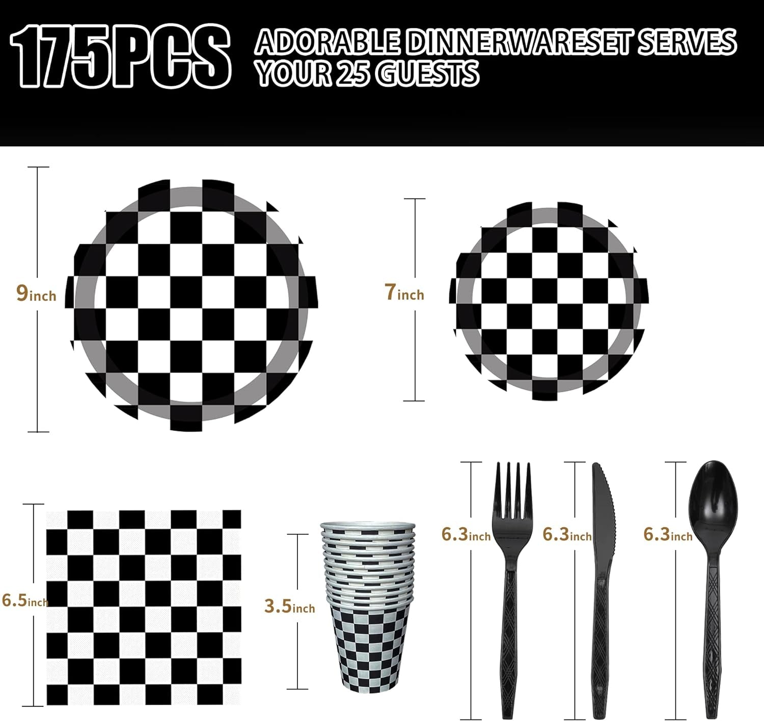 175 PCS Checkered Flag Party Supplies Disposable Dinnerware -Car Paper Plates Napkins Cups, Black Plastic Forks Knives Spoons for Girls Boys Birthday Baby Shower Decorations,25 Guests