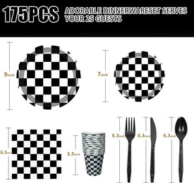 175 PCS Checkered Flag Party Supplies Disposable Dinnerware -Car Paper Plates Napkins Cups, Black Plastic Forks Knives Spoons for Girls Boys Birthday Baby Shower Decorations,25 Guests