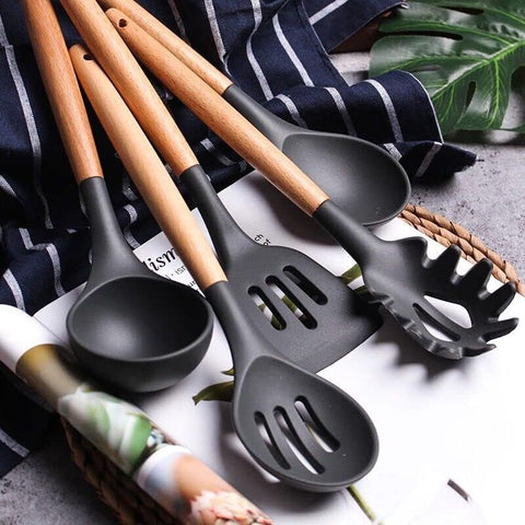 Image of Kitchen Utensils Set, 33 Pcs Non-Stick Silicone Cooking Utensils Set, Heat-Resistant Silicone, Wooden Utensils for Cooking, Kitchen Gadgets Spatula Set, Apartment Essentials Kitchen Set (Black)