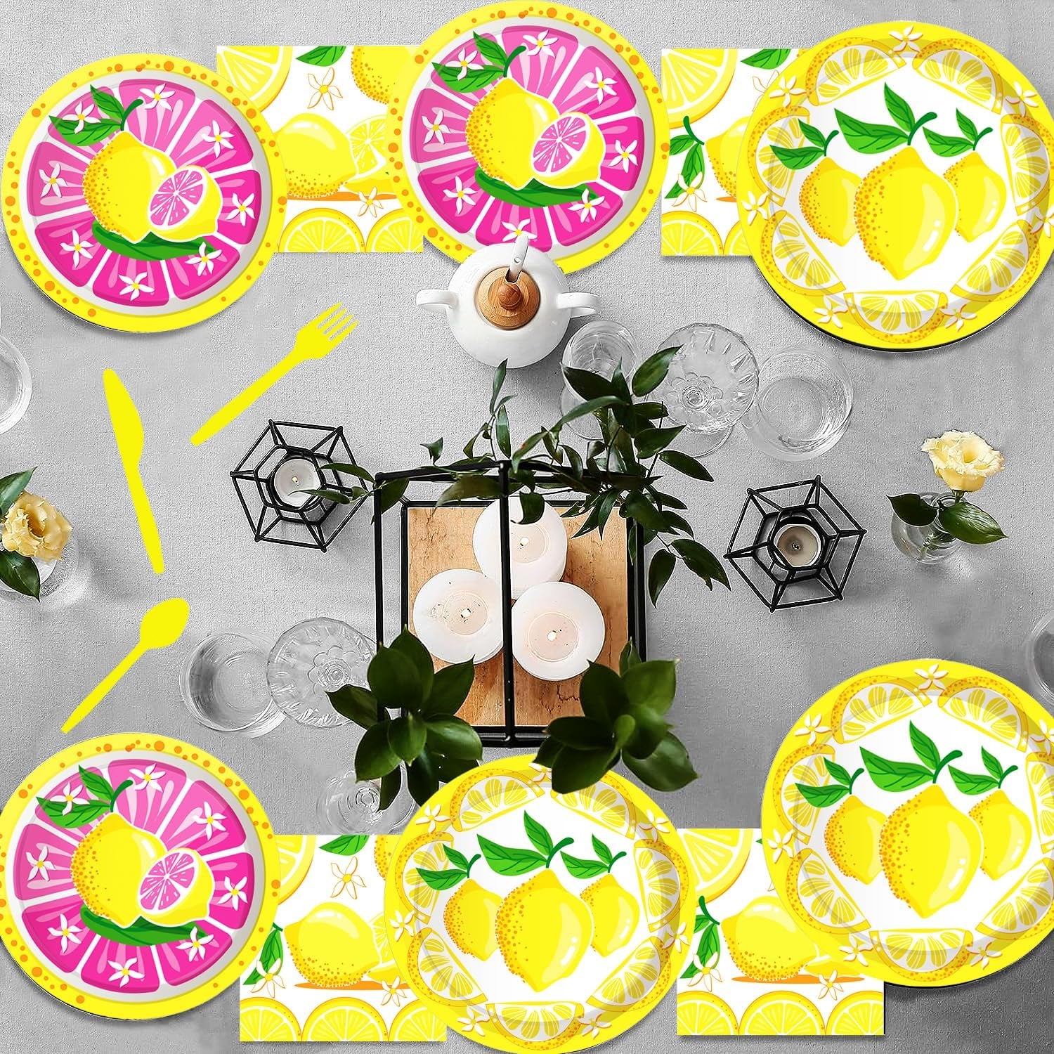 140Pcs Yellow Lemon Party Supplies Citrus Fruit Tableware Set 9"& 7"Lemon Plates Napkins Cup Knives Forks Spoons for Lemonade Summer Tropical Themed Beach Lemon Birthday Party Decorations Serve20