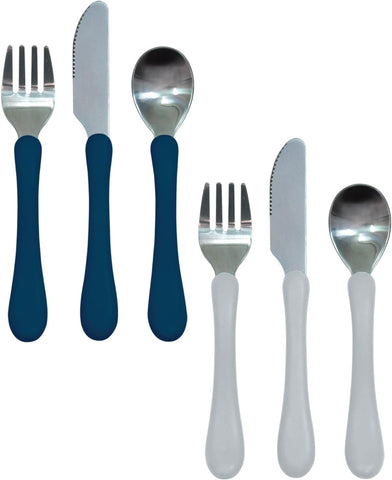 Image of Learning Cutlery Set Helps Toddler Develop Independent Eating Skills |Contoured Handles for Easy Gripping | Safety Edge on Knife | Dishwasher Safe | Navy & Gray | 2-Pk