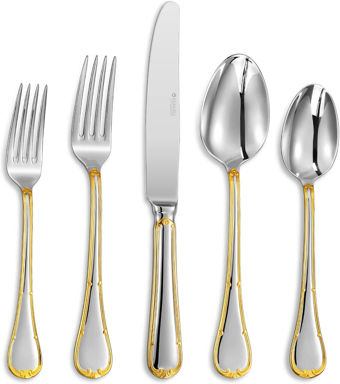 Elizabeth 20-Piece 18/10 Stainless Steel Flatware Set, Service for 4, Fine Silverware Set (Gold Accent), Dishwasher Safe, Mirror Polished