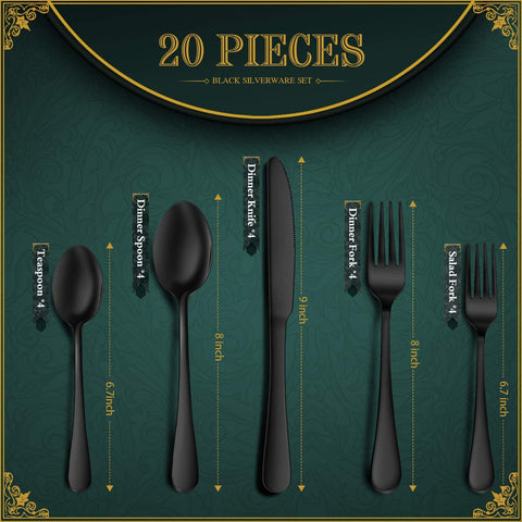 Image of 20-Piece Black Silverware Set with Tray, Stainless Steel Flatware Cutlery Set Service for 4, Kitchen Black Utensils Tableware Set for Home Restaurant, Mirror Finish, Dishwasher Safe