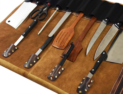 Leather Knife Roll Storage Bag, Elastic and Expandable 10 Pockets, Adjustable/Detachable Shoulder Strap, Travel-Friendly Chef Knife Case (Dark Brown, Leather)