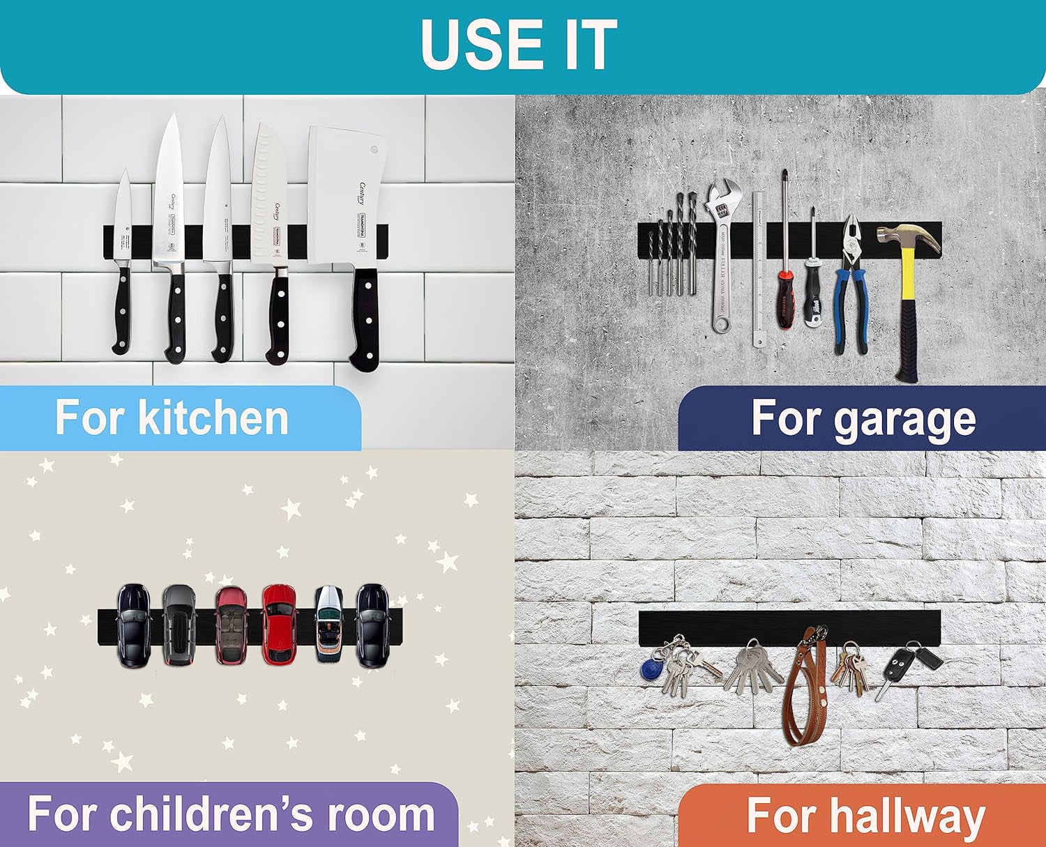 12 Inch Black Knife Magnetic Strip Use as Magnetic Knife Holder for Wall - Magnetic Knife Strip - Kitchen Magnetic Knife Bar Rack