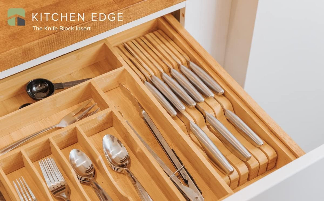 Bamboo Kitchen Knife Block Holder Organizer - Holds 5 Long + 6 Short Knives (Not Included), Fits Most Knife Sizes, Rubber Feet, Sustainable Bamboo, In-Drawer Design