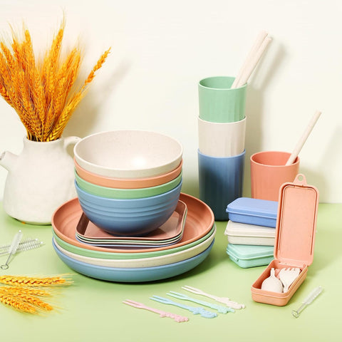 Image of 48 Pieces Wheat Straw Dinnerware Sets Reusable Kids Dinnerware Set, Unbreakable Lightweight Plates Cups Knives Forks Spoons Straws Chopsticks Set for Camping, Kitchen Dishwasher Safe