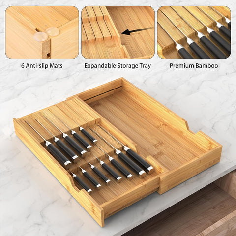Image of Bamboo Knife Organizer for Kitchen Drawer, Knife Block Holder Drawer Insert with Expandable Tray for Fork Spoon Scissor, Large Kitchen Knife Holder without Knives, Holds 7 Knives
