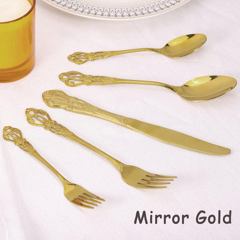 Image of Gold Silverware Set for 4, Stainless Steel Gorgeous Retro Royal Flatware Set, 20-Pieces Cutlery Tableware Set, Kitchen Utensils Set Include Spoons and Forks Set, Mirror Finish, Dishwasher Safe