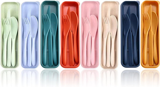 8 Pack Portable Travel Utensil Set with Case, Wheat Straw Reusable Spoon Knife Forks Tableware, Cutlery for Kids Adult Travel Picnic Camping or Daily Use (8 Colors)