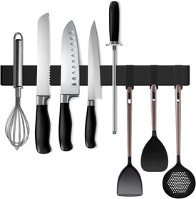 Black Magnetic Knife Strip for Refrigerator - Larger 17 Inch Double Sided Stainless Steel Magnetic Kitchen Knife Holder with Hooks for Wall/Fridge - Strong Knife Strip Magnet/Knife Rack/Knife Bar