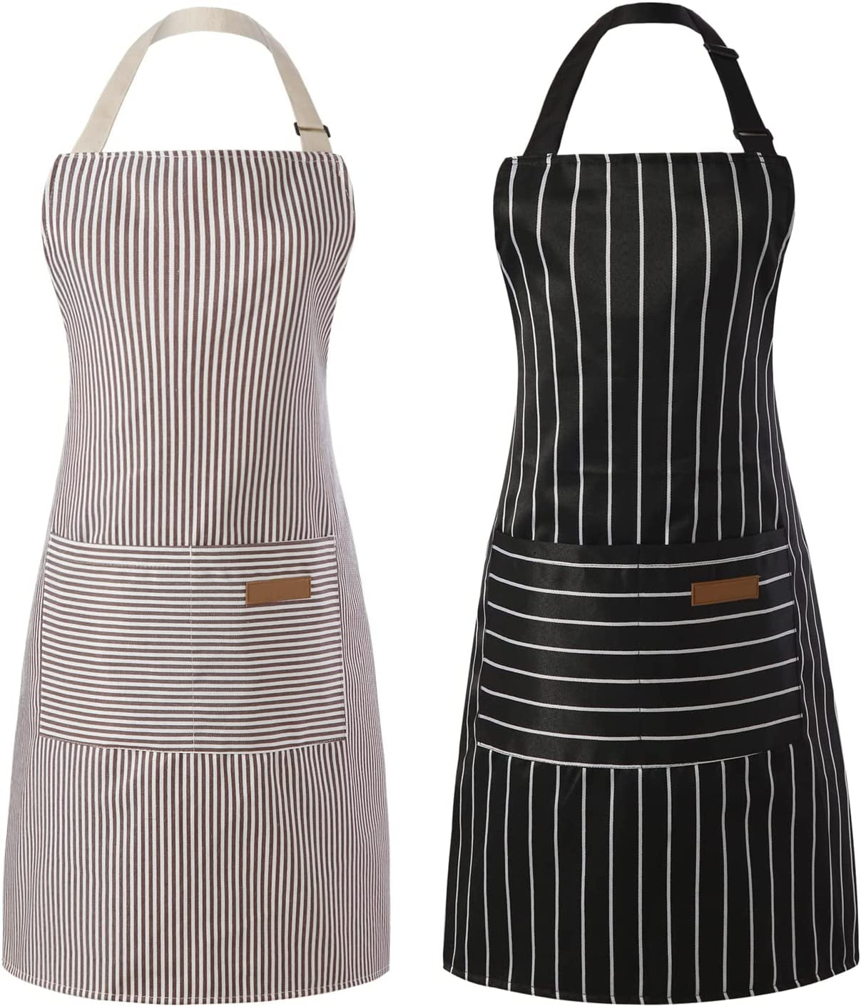 2 Pieces Kitchen Cooking Aprons, Cotton Polyester Blend Adjustable Bib Aprons with 2 Pockets for Women Men Chef Chef (Black/Brown Stripes, 2)