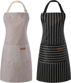 2 Pieces Kitchen Cooking Aprons, Cotton Polyester Blend Adjustable Bib Aprons with 2 Pockets for Women Men Chef Chef (Black/Brown Stripes, 2)