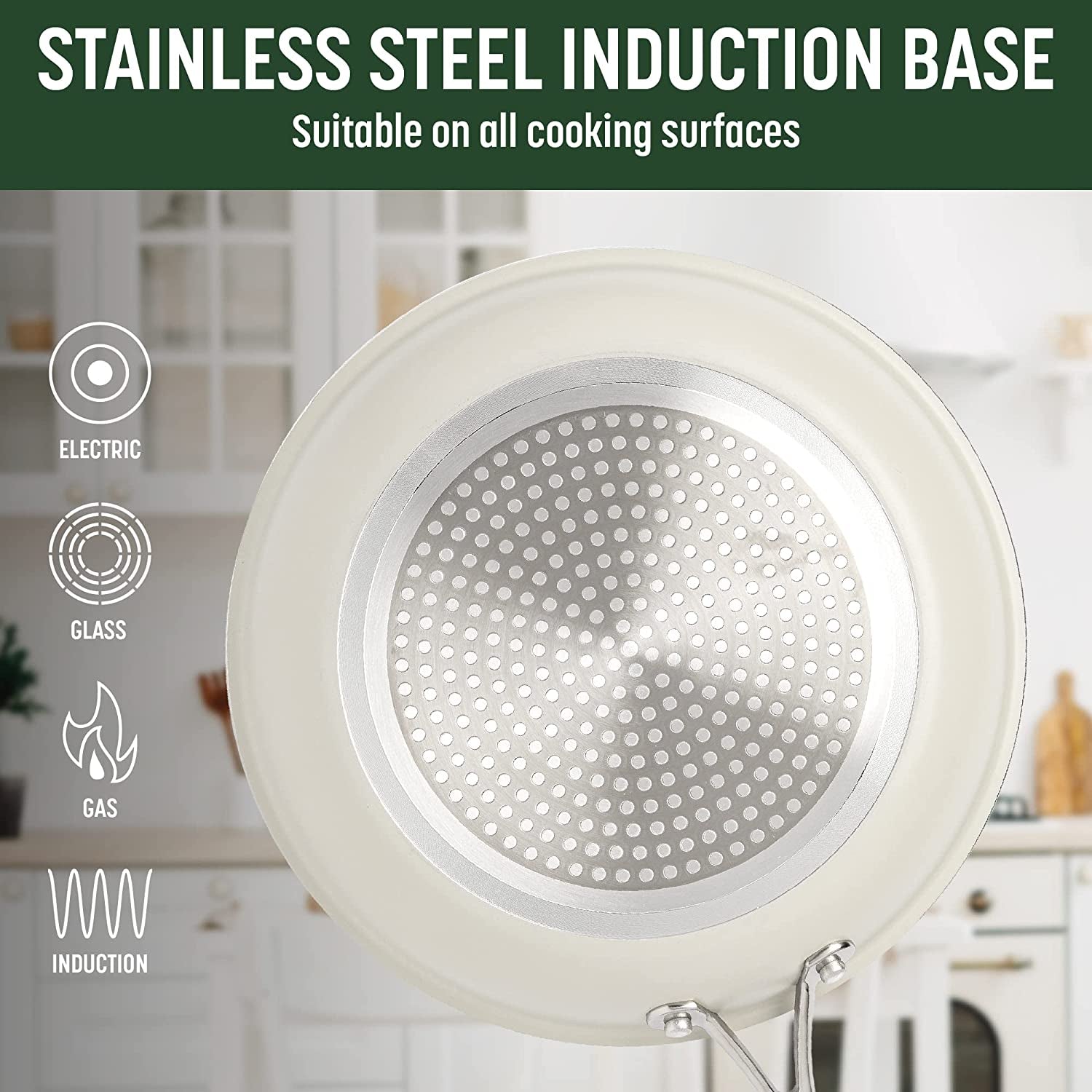 Ceramic Nonstick Pots and Pans Set, Titanium-Reinforced Premium Nonstick Coating, Dishwasher Safe Pots and Pans, Tempered Glass Steam Vented Lids, Stainless Steel Handles, 12-Piece, Cream