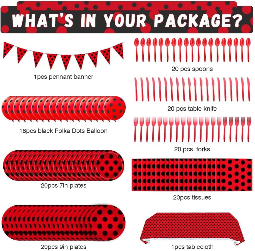 149Pcs Ladybug Decorations Party Supplies - Ladybug Party Tableware Plates Napkins Knives Forks Spoons, Banner, Red Black Dots Balloons, Tablecloth for Girls Boys Kids Birthday Decorations Serves 20