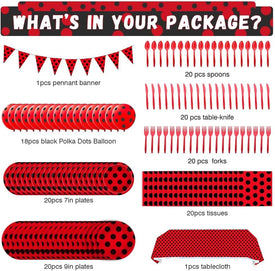 149Pcs Ladybug Decorations Party Supplies - Ladybug Party Tableware Plates Napkins Knives Forks Spoons, Banner, Red Black Dots Balloons, Tablecloth for Girls Boys Kids Birthday Decorations Serves 20