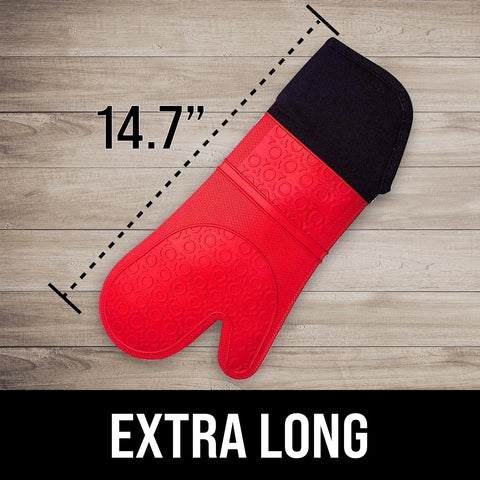 Image of Extra Long Professional Silicone Oven Mitt, Oven Mitts with Quilted Liner, Heat Resistant Pot Holders, Flexible Oven Gloves, Red, 1 Pair, 14.7 Inch